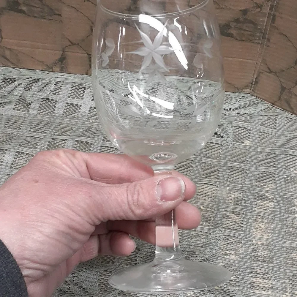 Glass decanter &‎ 3 pc MCM Starflower stemware collection,Vintage Etched Crystal